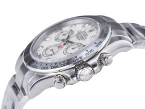 Cosmograph Daytona in white gold with a white mother of pearl dial, showcasing its side profile and distinct chronograph pushers.