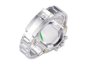 Back view of the Cosmograph Daytona White Gold watch, showcasing its clasp and stainless steel bracelet.