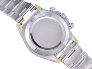 Back view of the Cosmograph Daytona White Gold with a stainless steel bracelet, showcasing the case back and clasp details.