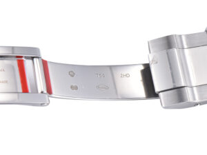Close-up of the clasp and markings on the Cosmograph Daytona White Gold watch band, showcasing "750," "2HD," and hallmark stamps.