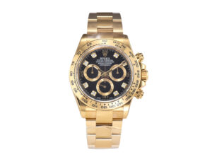 Yellow gold Cosmograph Daytona watch with black dial, diamond hour markers, and a sleek Oyster bracelet on display.