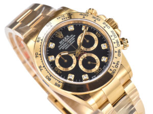 Cosmograph Daytona Yellow Gold with Black Dial, featuring a luxurious gold case and bracelet, and diamond hour markers.