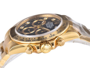 Cosmograph Daytona Yellow Gold with Black Dial watch featuring a luxurious gold bezel and intricate chronograph details.