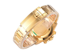 Yellow gold bracelet and clasp of the Cosmograph Daytona watch, showcasing the polished finish and iconic crown logo.