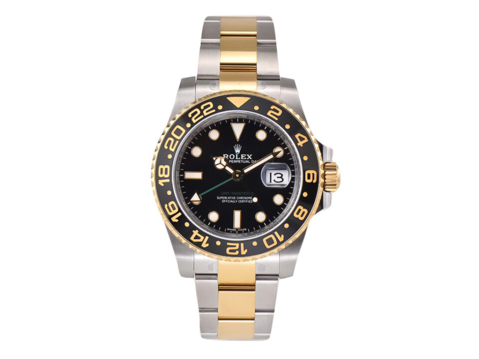 GMT-Master II Two-Tone Rolesor with Black Dial on Oyster bracelet, 40mm, featuring a black and gold bezel and date display.