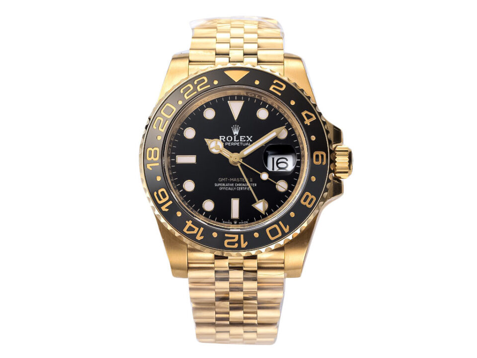 GMT-Master II watch in yellow gold with black dial, 40mm case, and Jubilee bracelet displayed on a product page.