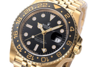 GMT-Master II Yellow Gold with Black Dial on Jubilee bracelet (40mm), featuring a ceramic bezel and date display.