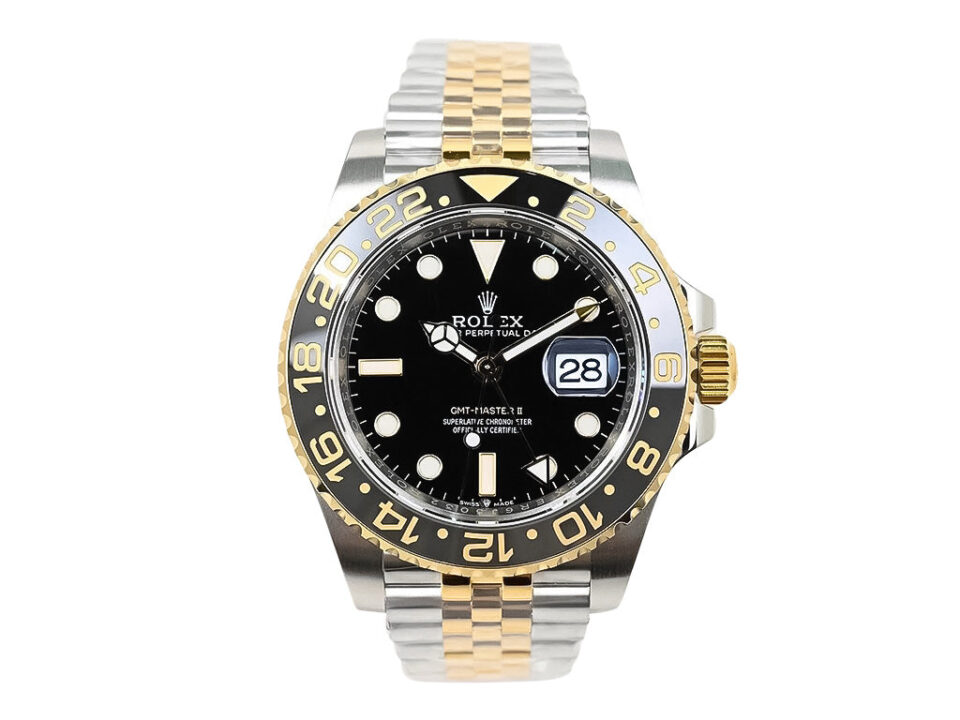 GMT-Master II Two-Tone with Black Dial on Jubilee bracelet (40mm) featuring a black and gold bezel displayed face-up.
