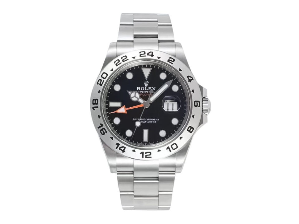 Explorer II Stainless Steel watch with a 42mm case, black dial, and orange GMT hand displayed on a product page.