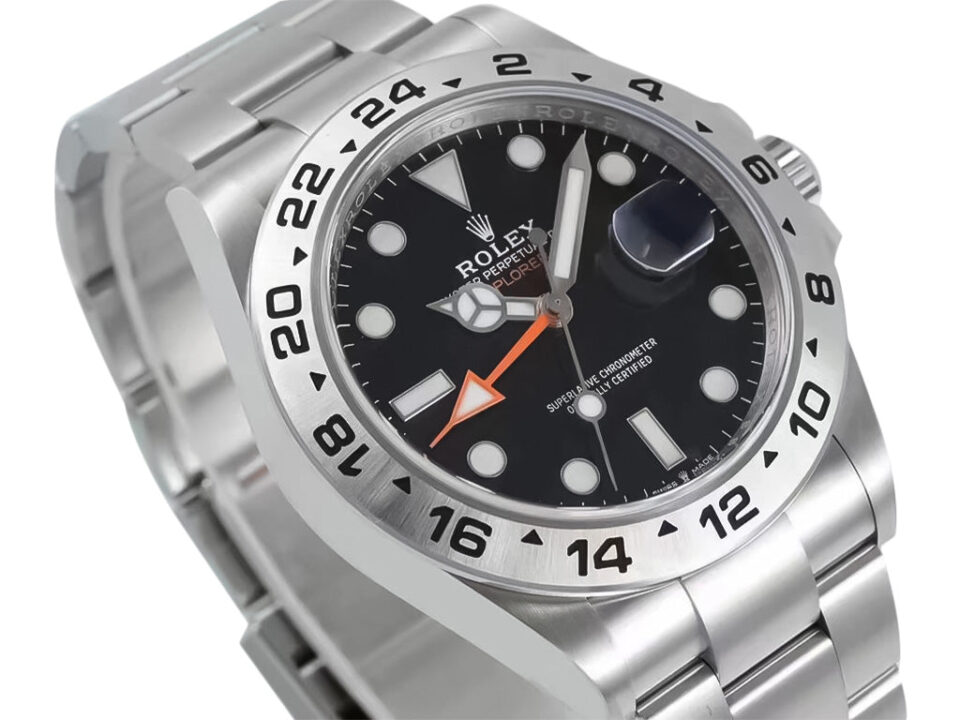 Explorer II Stainless Steel with Black Dial (42mm) featuring luminous markers and orange 24-hour hand on a brushed bracelet.