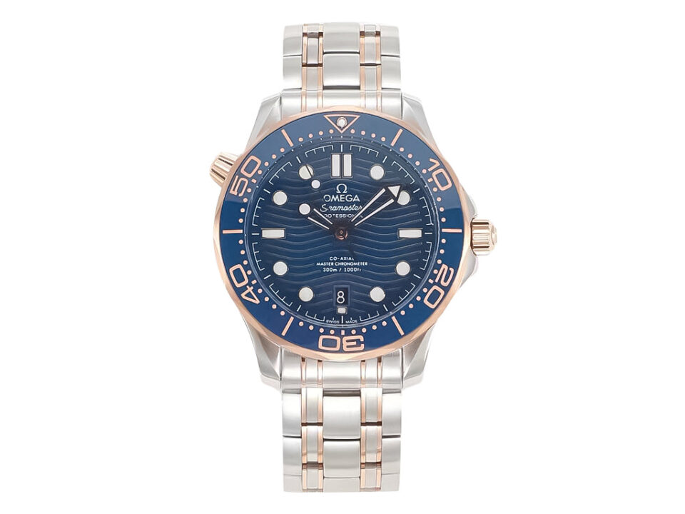 Seamaster Diver 300 Two Tone Rose Gold with Blue Dial (42mm) watch featuring a stainless steel and rose gold bracelet.