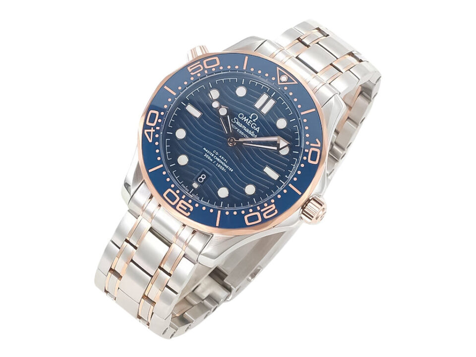 Seamaster Diver 300 Two Tone Rose Gold with Blue Dial (42mm) featuring a stainless steel and rose gold bracelet.