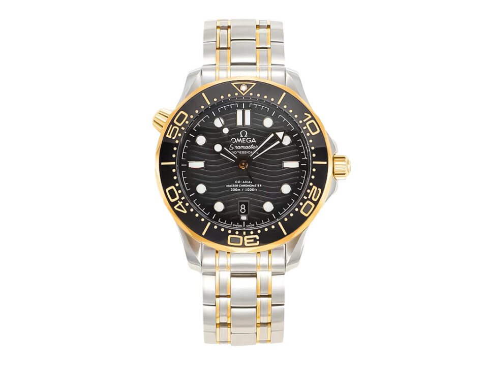 Seamaster Diver 300 Two Tone with Black Dial (42mm) a steel and gold bracelet, black wave-pattern dial, and date display.
