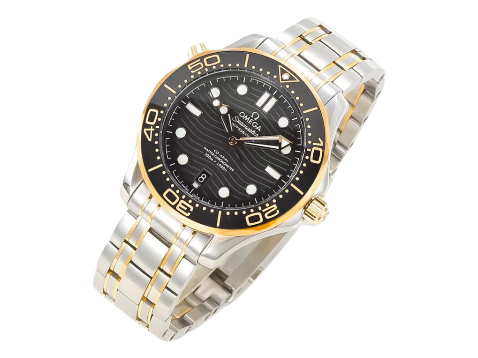 Seamaster Diver 300 Two Tone with Black Dial (42mm) a steel and gold bracelet, unidirectional bezel, and date display.