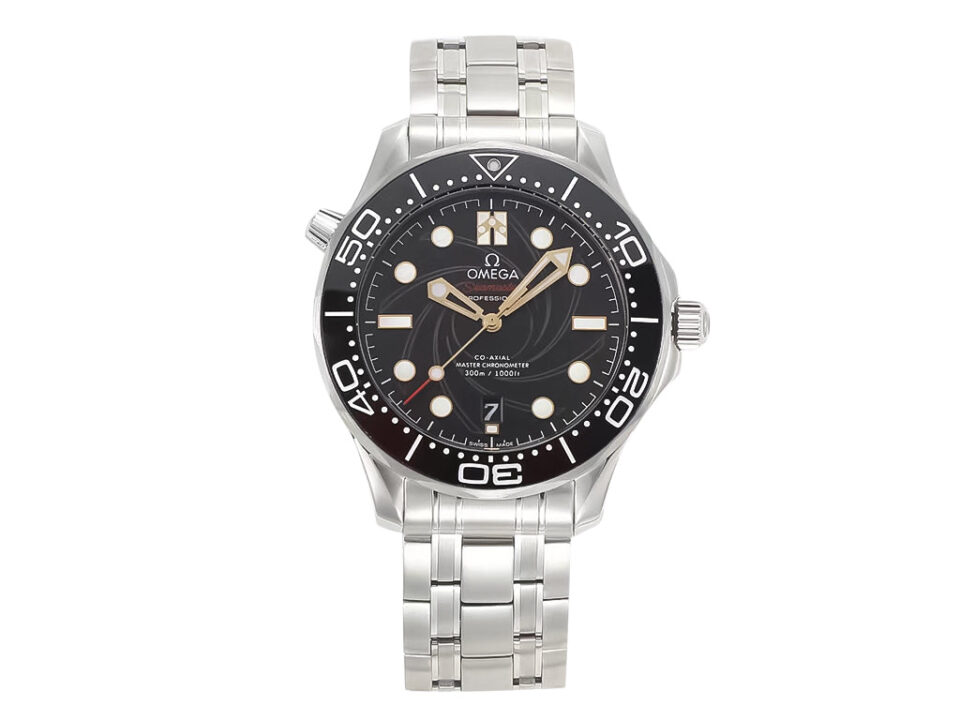 Seamaster Diver 300 Stainless Steel ‘James Bond’ (42mm) watch with black dial and stainless steel bracelet.