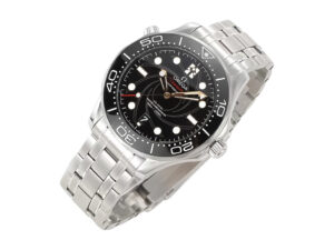 Seamaster Diver 300 Stainless Steel ‘James Bond’ (42mm) watch with black dial, steel bracelet, distinctive Bond details.