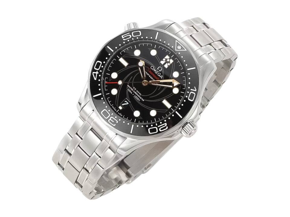 Seamaster Diver 300 Stainless Steel ‘James Bond’ (42mm) watch with black dial, steel bracelet, distinctive Bond details.