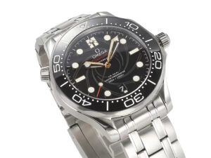 Seamaster Diver 300 Stainless Steel ‘James Bond’ (42mm) watch with a black dial, luminous markers, stainless steel bracelet.