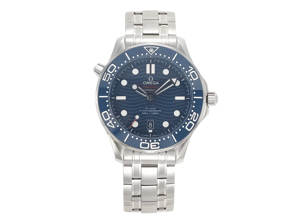 Seamaster Diver 300 Stainless Steel watch with a blue dial, 42mm case, and stainless steel bracelet displayed from the front.