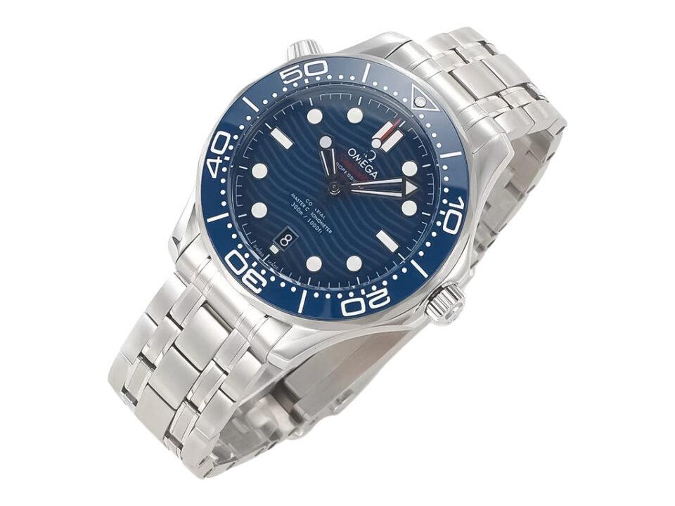 Seamaster Diver 300 Stainless Steel watch with a blue dial, 42mm case, and matching stainless steel bracelet.