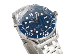 Seamaster Diver 300 Stainless Steel watch with a 42mm case, blue dial, and stainless steel bracelet displayed at an angle.