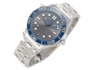 Seamaster Diver 300 Stainless Steel with Silver Dial (42mm) featuring a blue bezel and wave-patterned silver dial.