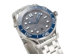 Seamaster Diver 300 Stainless Steel with Silver Dial (42mm), featuring a blue bezel and stainless steel bracelet.