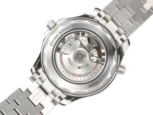 Back view of the Seamaster Diver 300 Stainless Steel with visible automatic movement, silver dial, stainless steel bracelet.