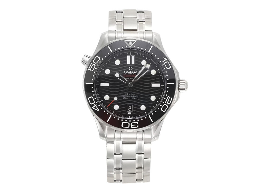 Seamaster Diver 300 Stainless watch with a 42mm case, black dial, and stainless steel bracelet displayed on the product page.