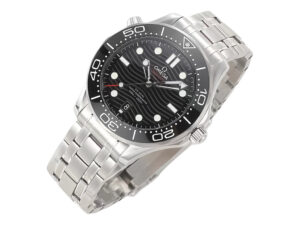 Seamaster Diver 300, 42mm stainless watch with black dial, wave pattern design, luminescent hour markers on a metal bracelet.