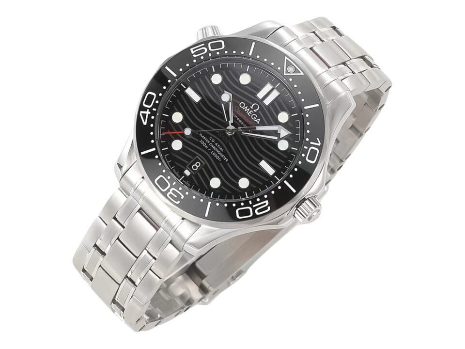 Seamaster Diver 300, 42mm stainless watch with black dial, wave pattern design, luminescent hour markers on a metal bracelet.