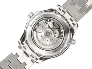 Back view of the Seamaster Diver 300 Stainless Steel watch (42mm) showcasing its transparent case back intricate movement.