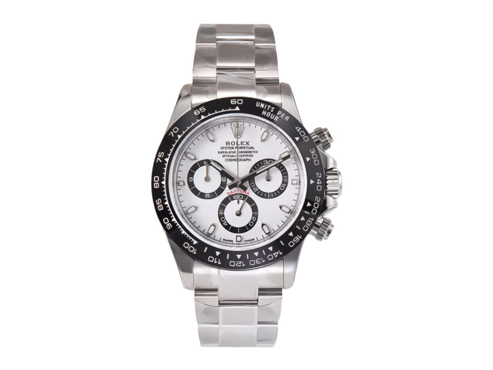 Cosmograph Daytona Stainless Steel ‘Panda’ watch with white dial, black subdials, and stainless steel bracelet.
