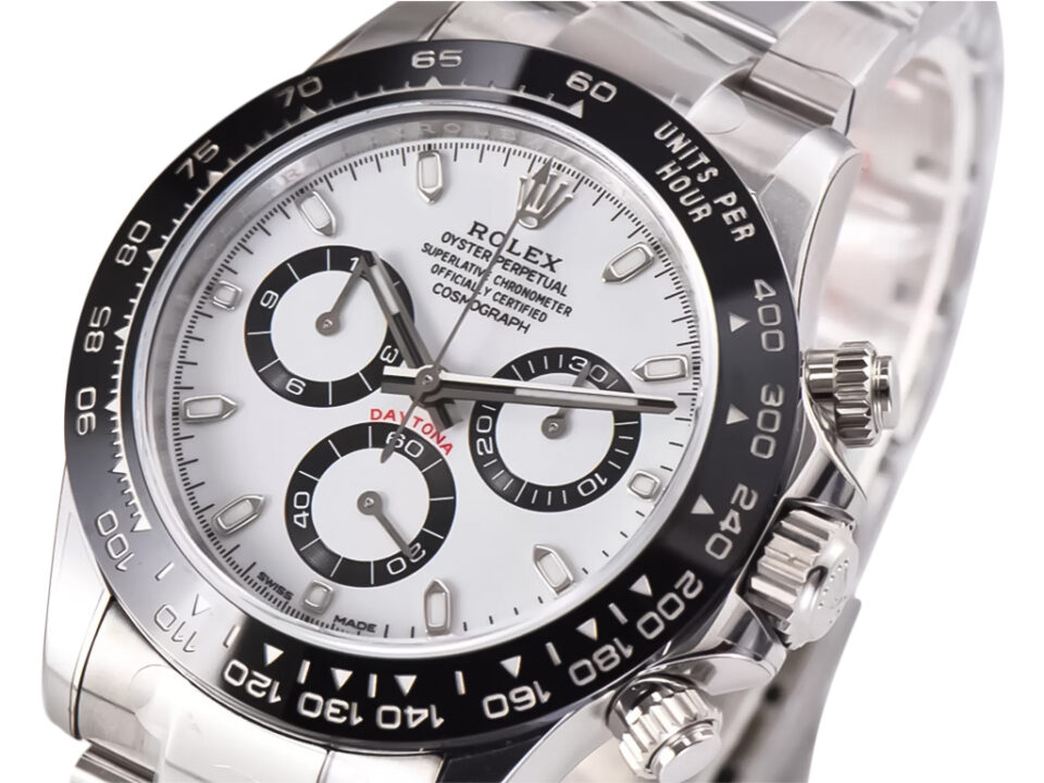 Cosmograph Daytona Stainless Steel ‘Panda’ watch with a white dial, black sub-dials, and a stainless steel bracelet.