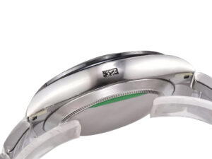 Side view of the Cosmograph Daytona Stainless Steel 'Panda' watch showcasing its polished case and screw-down case back.