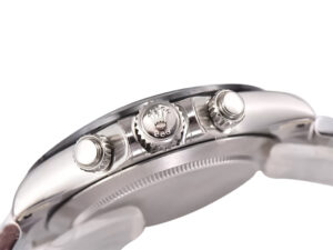 Side view of the Cosmograph Daytona Stainless Steel ‘Panda’ showcasing its crown and pushers in polished stainless steel.