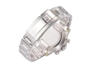 Rear view of the Cosmograph Daytona Stainless Steel ‘Panda’ watch, showcasing its stainless steel bracelet and clasp.