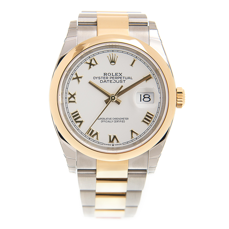 Datejust 36 Stainless Steel on Oyster, White Dial, Smooth Bezel, Roman Numerals, Date Display at 3 o’clock.