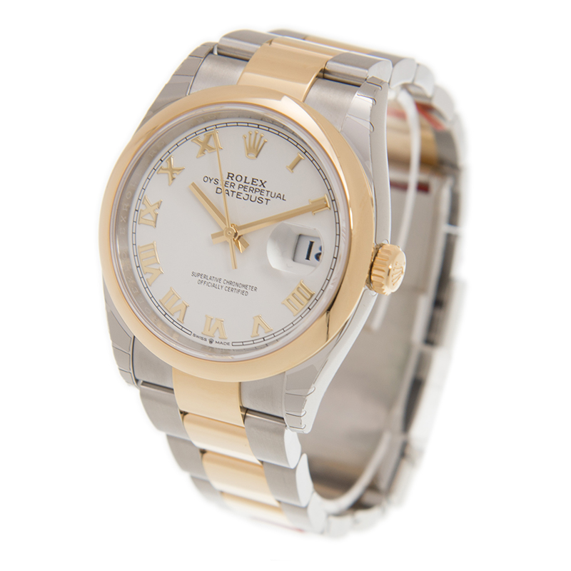 Datejust 36 Stainless Steel on Oyster bracelet, White Dial with Roman numerals, Smooth Bezel, and gold accents.