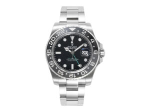 GMT-Master II Stainless Steel ‘Bruce Wayne’ on Oyster (40mm) with black dial, gray and black bezel, and date display.