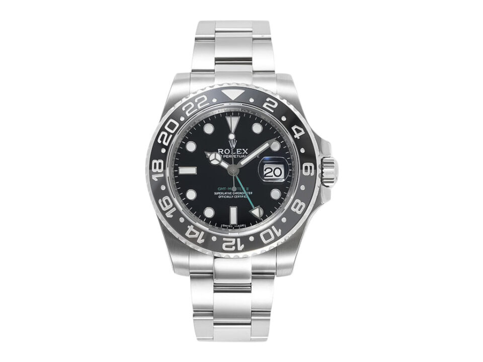 GMT-Master II Stainless Steel ‘Bruce Wayne’ on Oyster (40mm) with black dial, gray and black bezel, and date display.