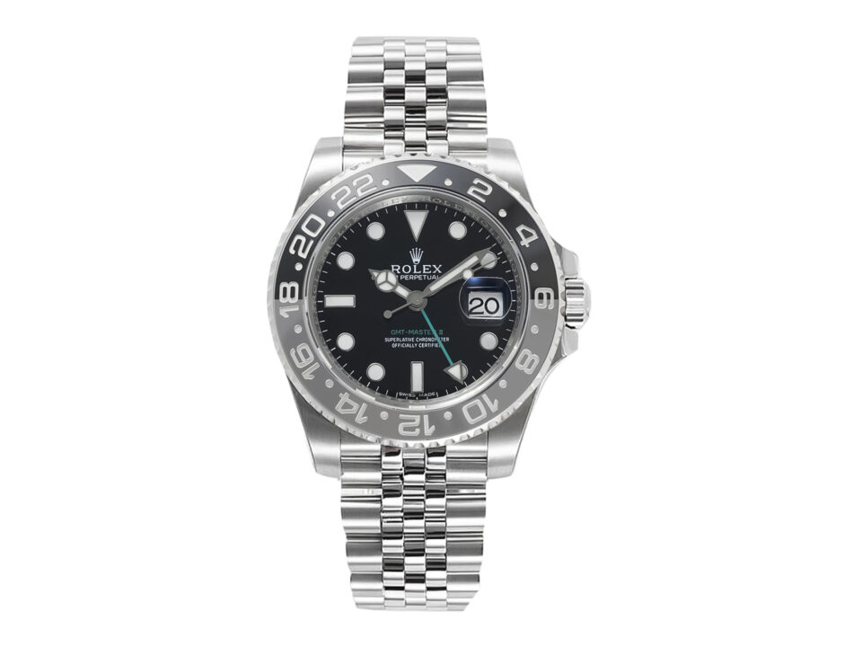 GMT-Master II Stainless Steel 'Bruce Wayne' on Jubilee (40mm) with black dial, blue-black bezel, and date display.