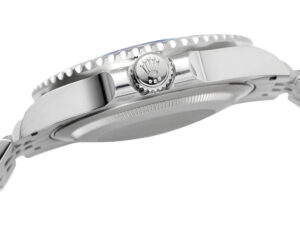 Side view of the GMT-Master II Stainless Steel 'Bruce Wayne' on Jubilee (40mm), showcasing its crown and case detail.