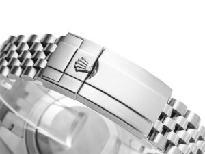 Close-up of the clasp on the GMT-Master II Stainless Steel 'Bruce Wayne' Jubilee bracelet, showcasing precise design.