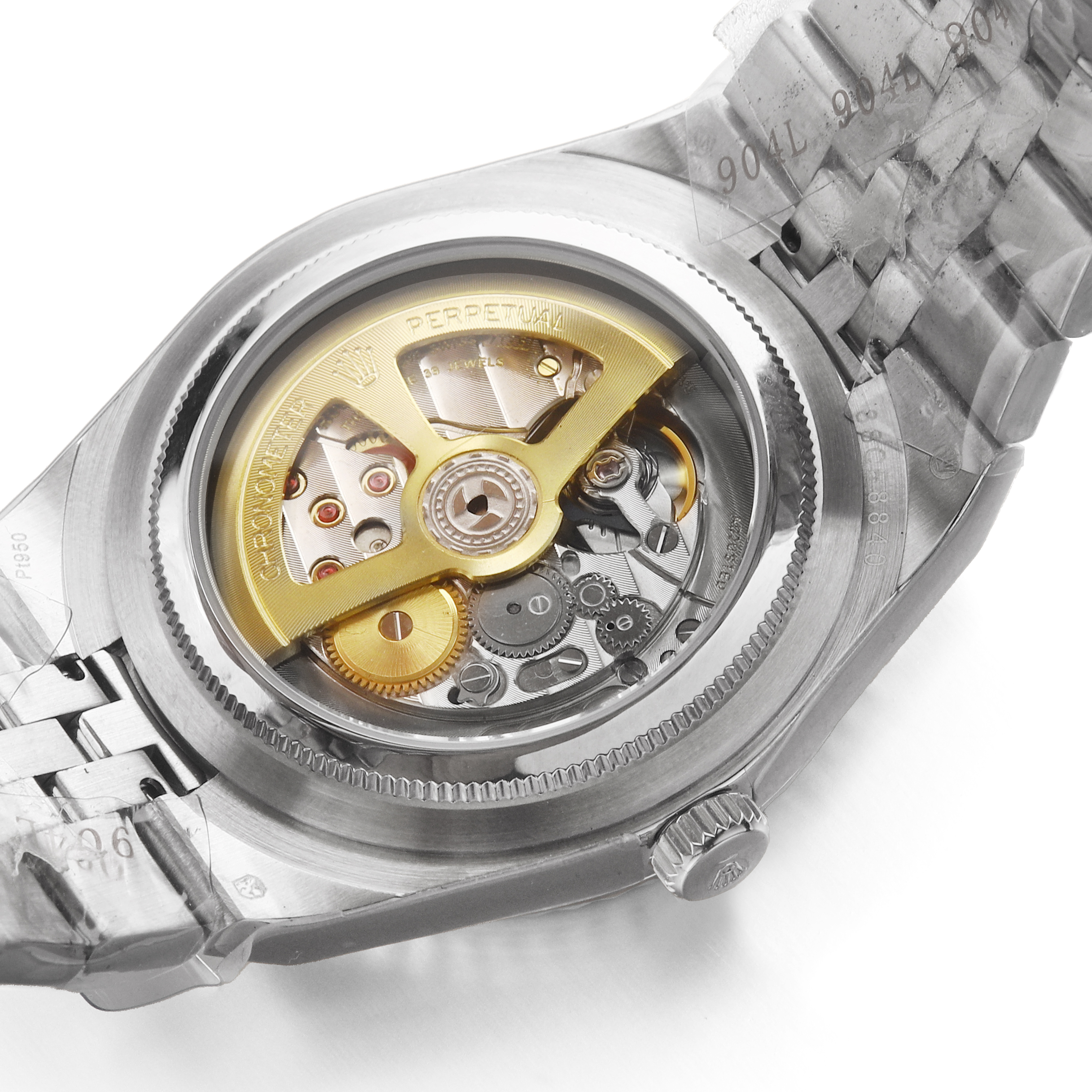 Close-up of Land Dweller 40 Platinum Ice Blue Dial watch movement, showcasing luxury watch craftsmanship.