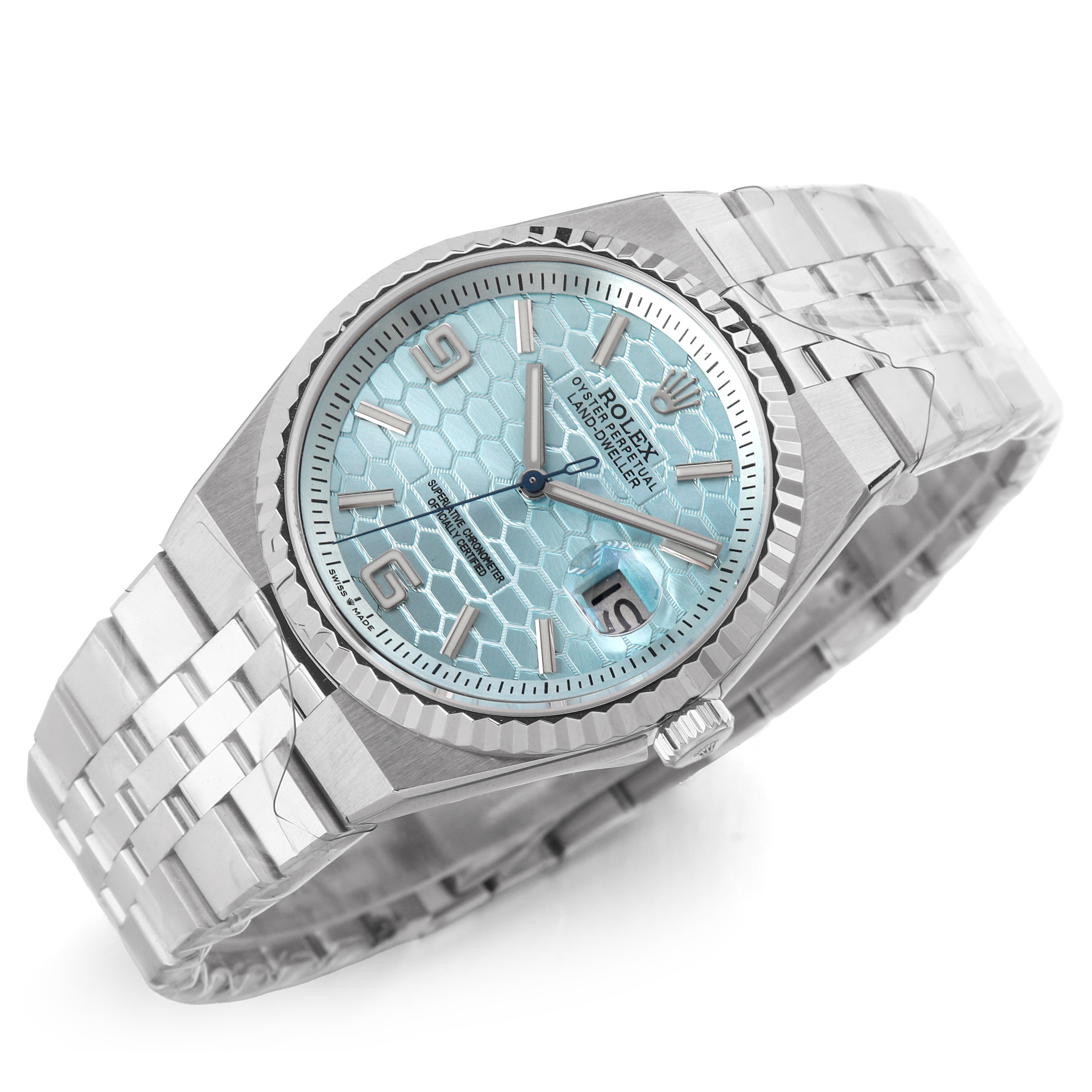 Land Dweller 40 Platinum Ice Blue Dial Flat Jubilee luxury watch featuring a patterned blue face and silver bracelet.