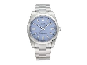 Oyster Perpetual 41 Stainless Steel watch with lavender dial, 2025 model, displayed on product page.