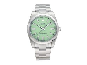 Oyster Perpetual 41 Stainless Steel watch with pistachio green dial, displayed on product page.