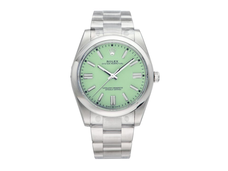 Oyster Perpetual 41 Stainless Steel watch with pistachio green dial, displayed on product page.