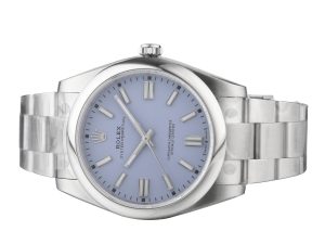 Oyster Perpetual 41 Stainless Steel watch with lavender dial, displayed on product page.